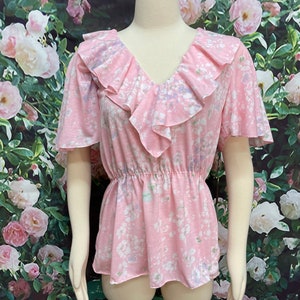 70s Pink Floral Ruffle Blouse Flutter Sleeves
