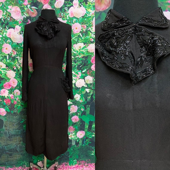 30s Arthur Weiss Black Crepe Dress Beaded Bow