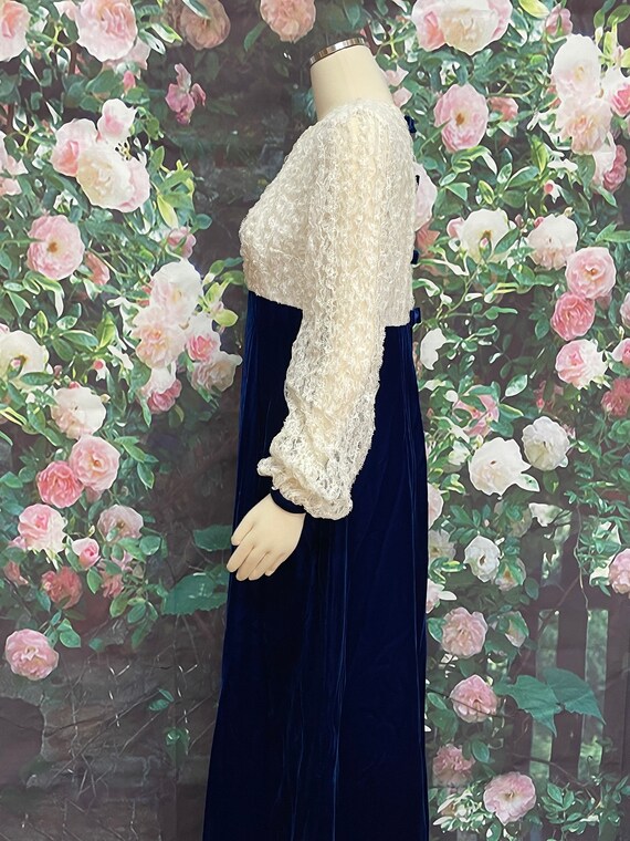 60s Blue Velvet Maxi Dress White Lace Bodice Bow … - image 7