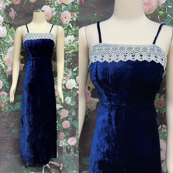 80s Sylvia Ann Blue Velvet Sheath Maxi Dress Hang… - image 1