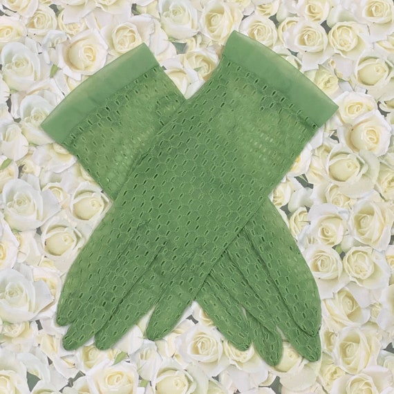 60s Avocado Green Sheer Lace Gloves Chiffon Wrist