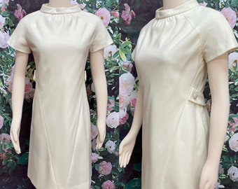 60s Vogue Cream Wool Day Dress Rhinestone Buttons