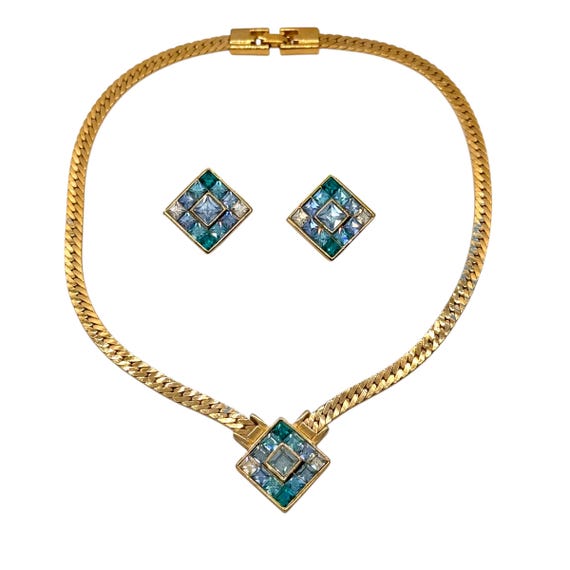 80s Givenchy Blue Crystal Necklace Clip Earrings Set GP