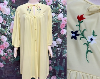 70s Sears Yellow Nylon Robe Embroidered Flower