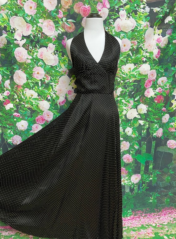 70s Black Polka Dot Halter Maxi Dress - image 2