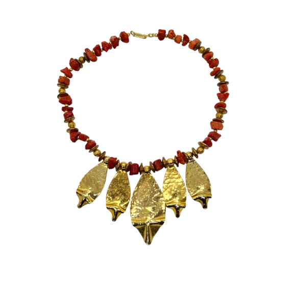 70s Dauplaise Gold Leaf Dangle Necklace Coral Chi… - image 2