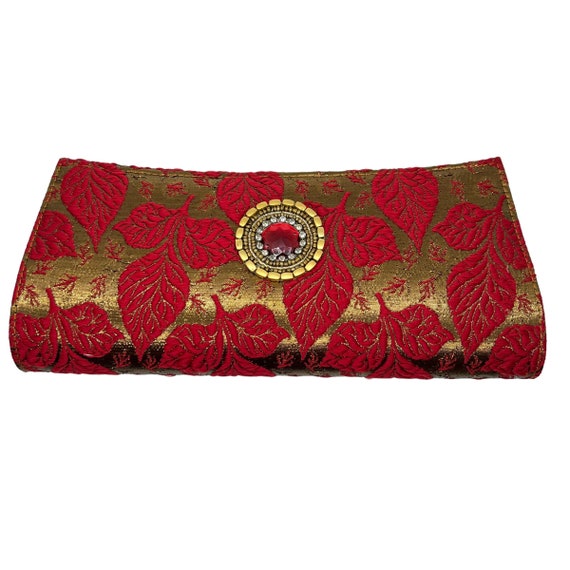 90s Red Floral Brocade Clutch Copper Lurex - image 4