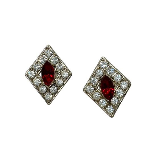 60s Red Ruby Rhinestone Diamond Shape Earrings - image 3