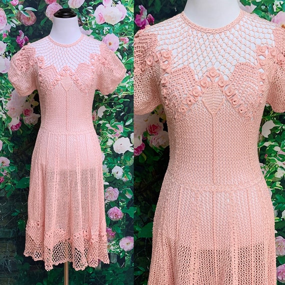 30s Pink Crochet Dress Netted Flower Rosette