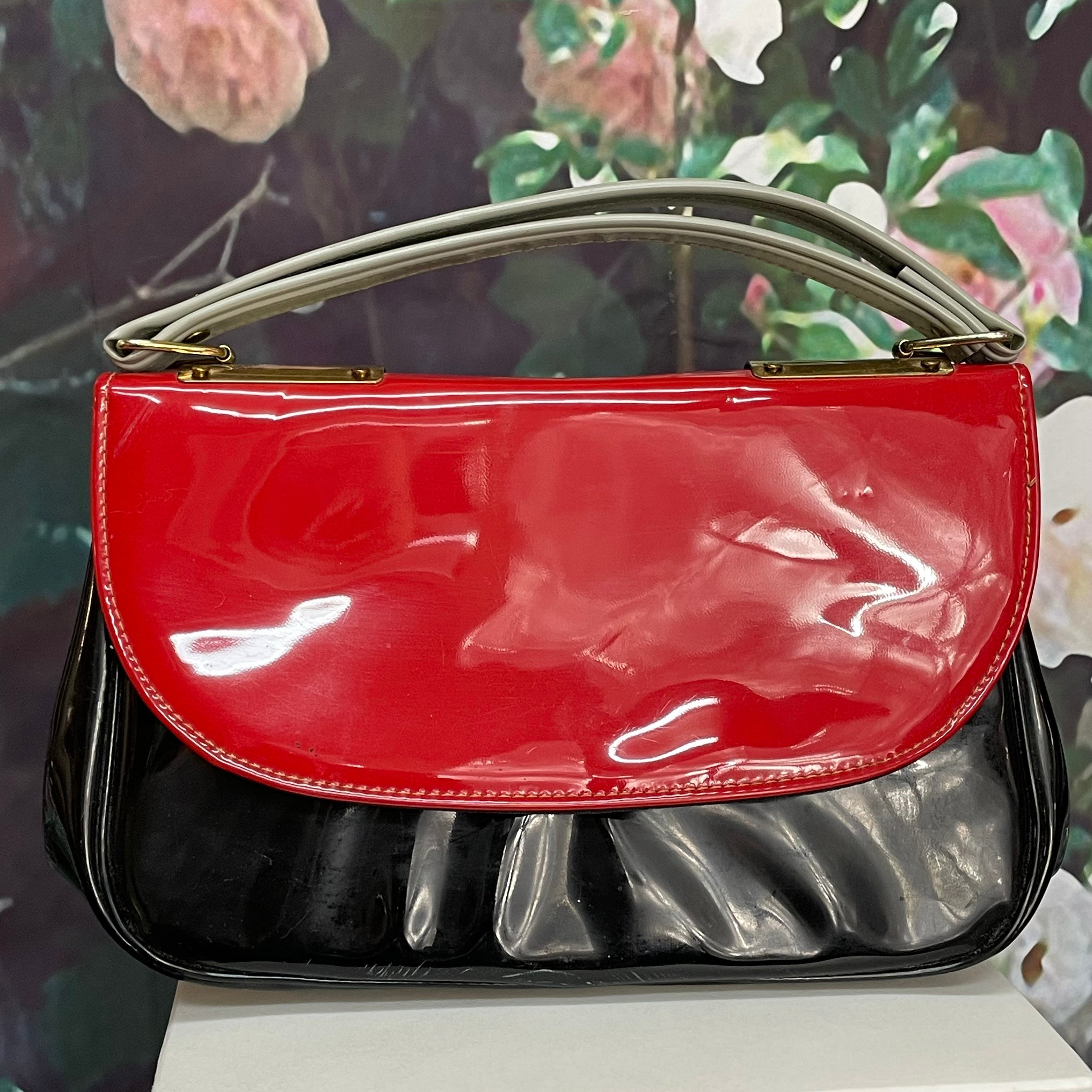 Black and Red Handbag Patent Leather Purse Small Tote Bag 