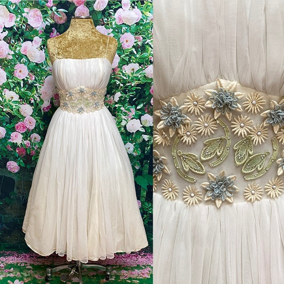50s White Chiffon Party Dress Lace Daisy