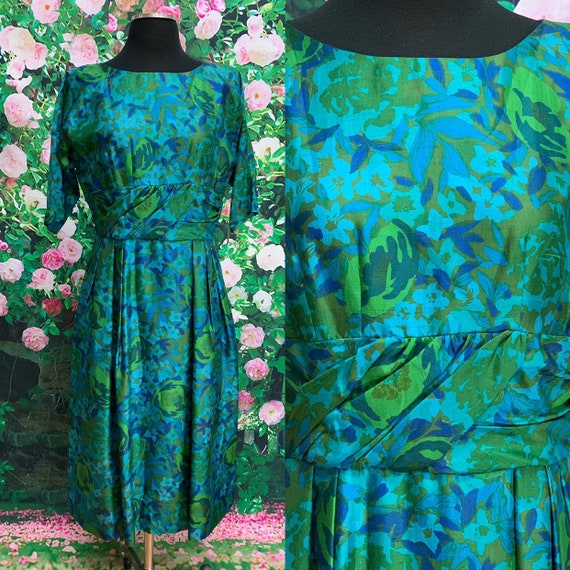 60s Blue Silk Floral Dress Kerrybrooke