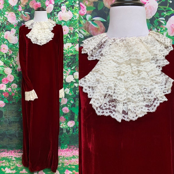 60s Red Velvet Maxi Dress Lace Cravat Ruffle Holid