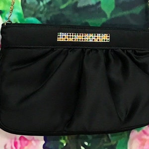 70s Delill Black Satin Purse Rainbow Rhinestone Shoulder Bag