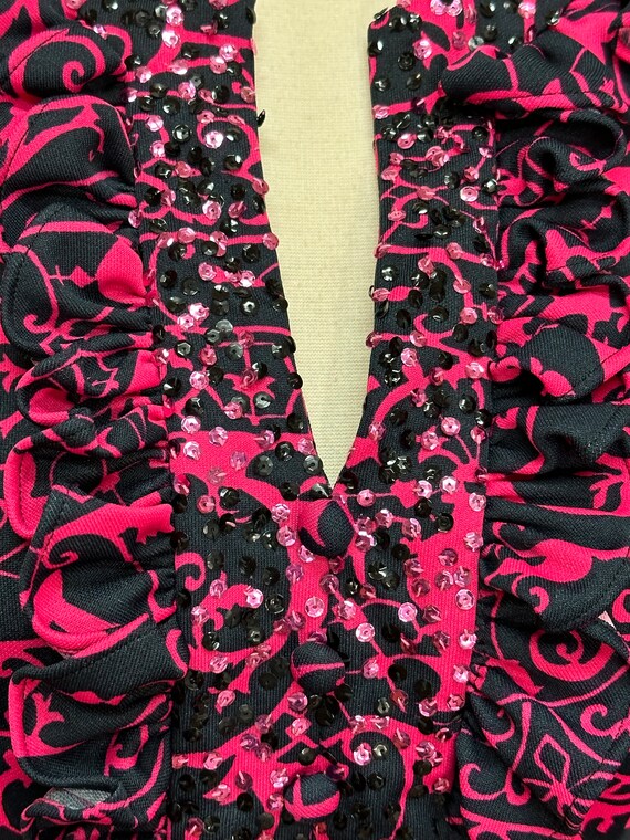70s Black Pink Sequin Maxi Dress Ruffles Large - image 4
