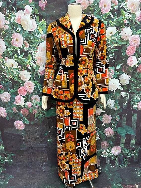 Vintage 1960s Psychedelic Orange Maxi Skirt & Blazer Set | Mod Floral Velvet Two Piece