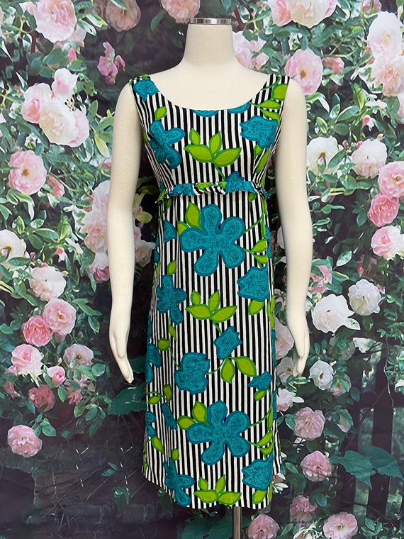 60s Hawaiian Black White Stripe Sheath Dress Blue… - image 2