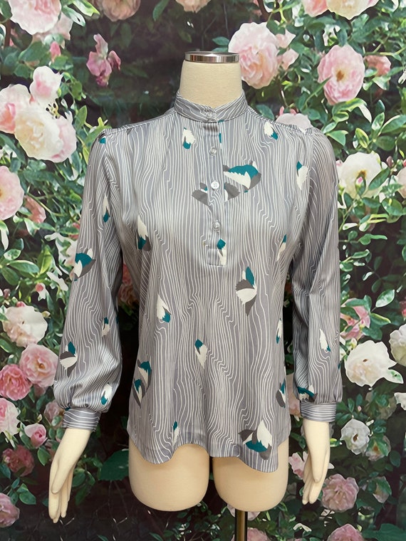 80s Alfred Dunner Gray Pattern Ladies Collared Blo