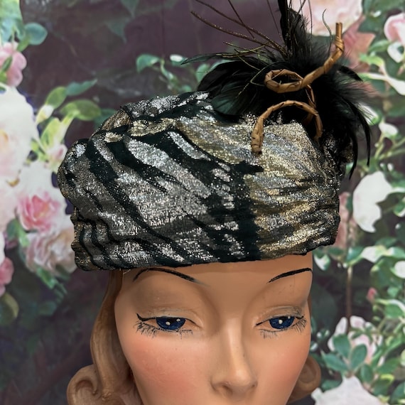 50s Metallic Lame Animal Print Pillbox Feather Tu… - image 1