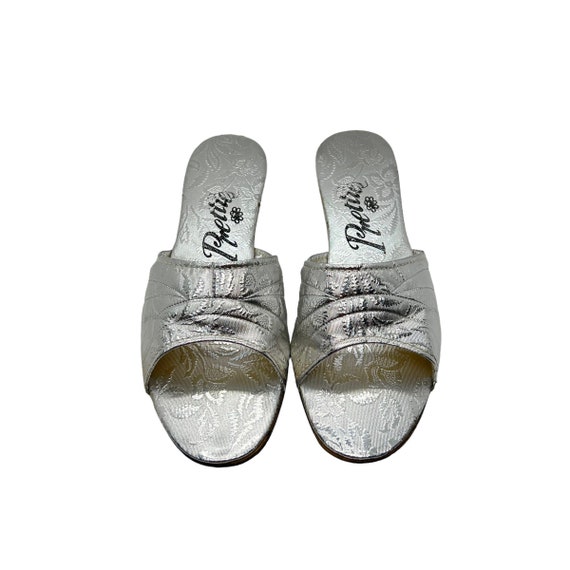 60s Silver Lame Floral Slippers Mules Size 5 - image 3