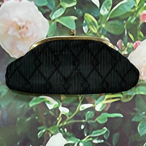 80s Black Pleated Satin Clutch Stitched Diamond Pattern
