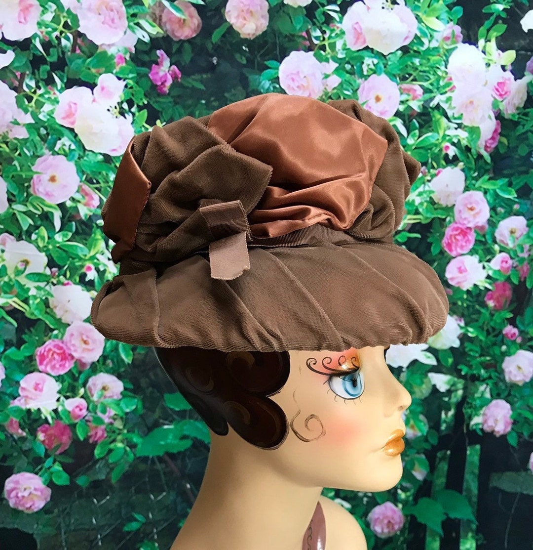 SALE Vintage Bucket Hat Brown Velvet Copper Satin Bow 40s Brown Velvet Bucket Hat Copper Satin Bow Slouch - Etsy main image 2