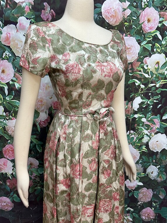 60s Pink Rose Brocade Dress Spring Floral XS - image 6