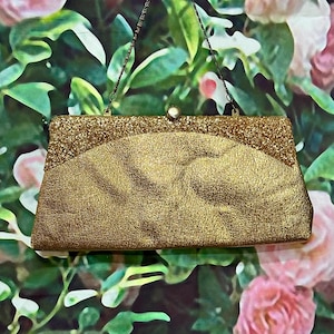 60s Gold Leather Evening Purse Glitter Top Convertible Clutch