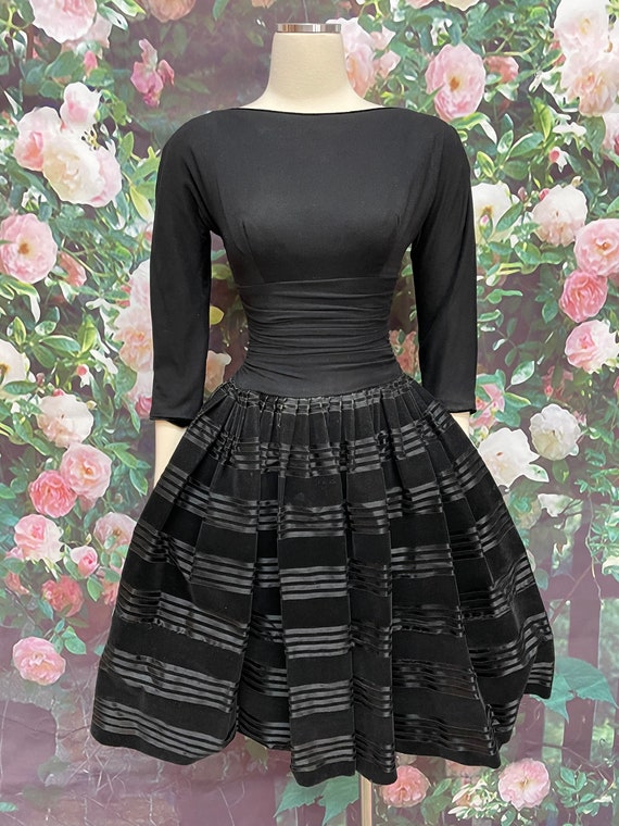 50s Black Velveteen Stripe Dress Fit and Flare - image 2