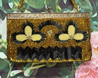 50s Gold Beaded Handbag Black Flowers Filigree Frame Purse