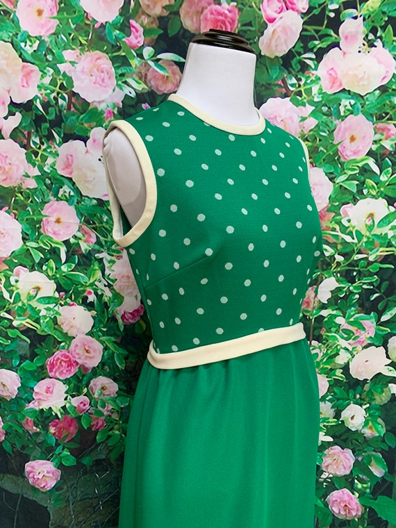 60s Kelly Green Polka Dot Maxi Dress Polyester Kn… - image 5