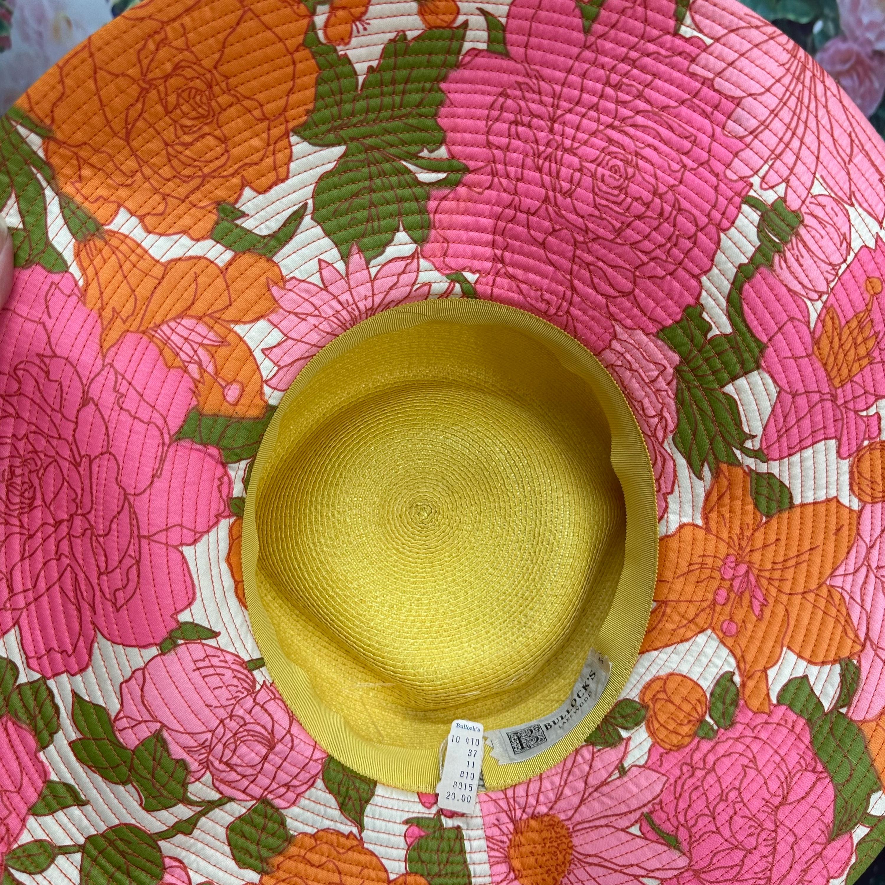 80s Pink Floral Sun Hat Yellow Straw by Bullocks NWT - Etsy display picture 1