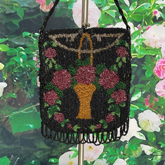 20s Black Beaded Flapper Purse Pink Flower Basket… - image 1