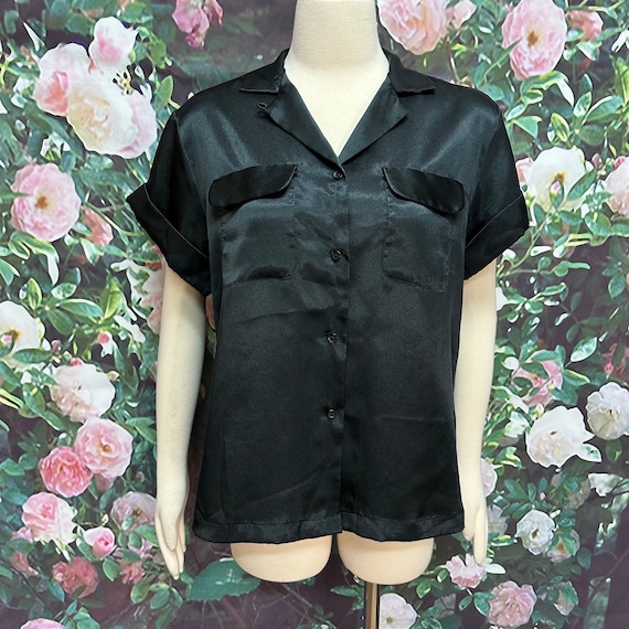 70s Val Mode Black Satin Polyester Pajama Top - image 1