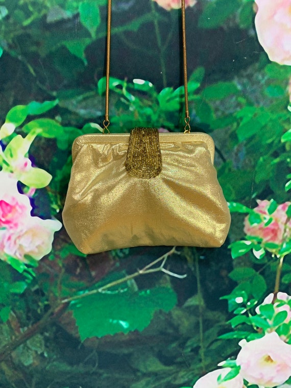 80s La Regale Gold Lame Purse Beaded Shoulder Bag 