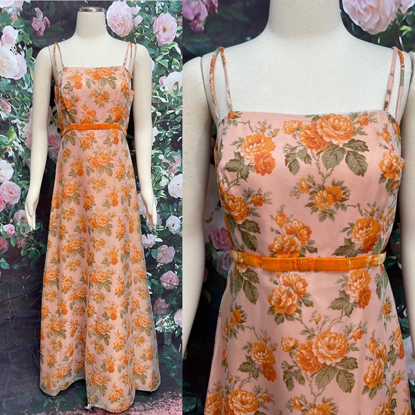 70s Sylvia Ann Orange Floral Roses Maxi Dress Empire Waist