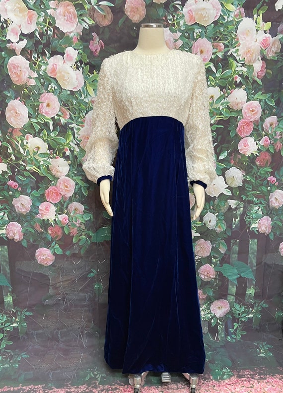 60s Blue Velvet Maxi Dress White Lace Bodice Bow … - image 2