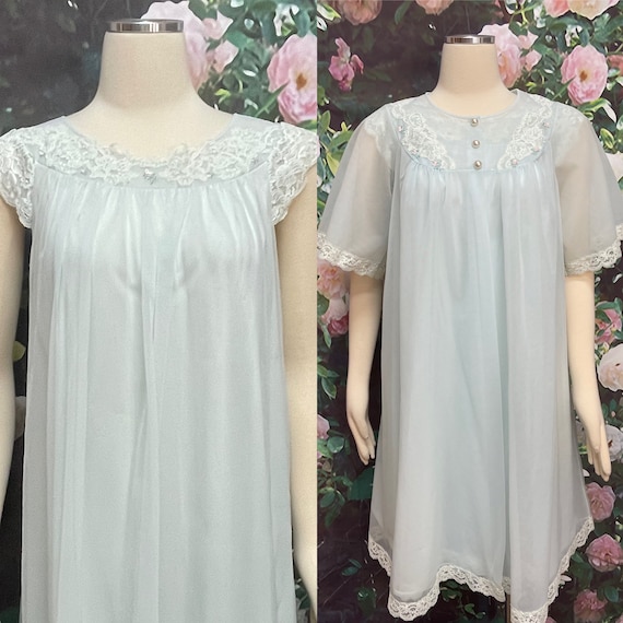 60s Shadowline Baby Blue Chiffon Nightgown Peigno… - image 1