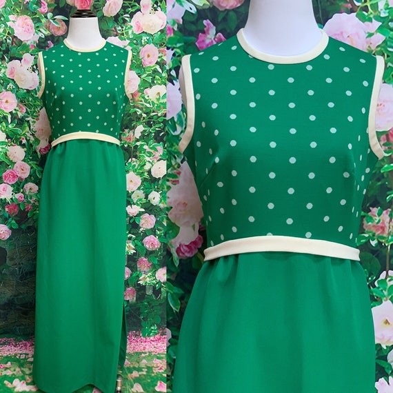 60s Kelly Green Polka Dot Maxi Dress Polyester Kn… - image 1