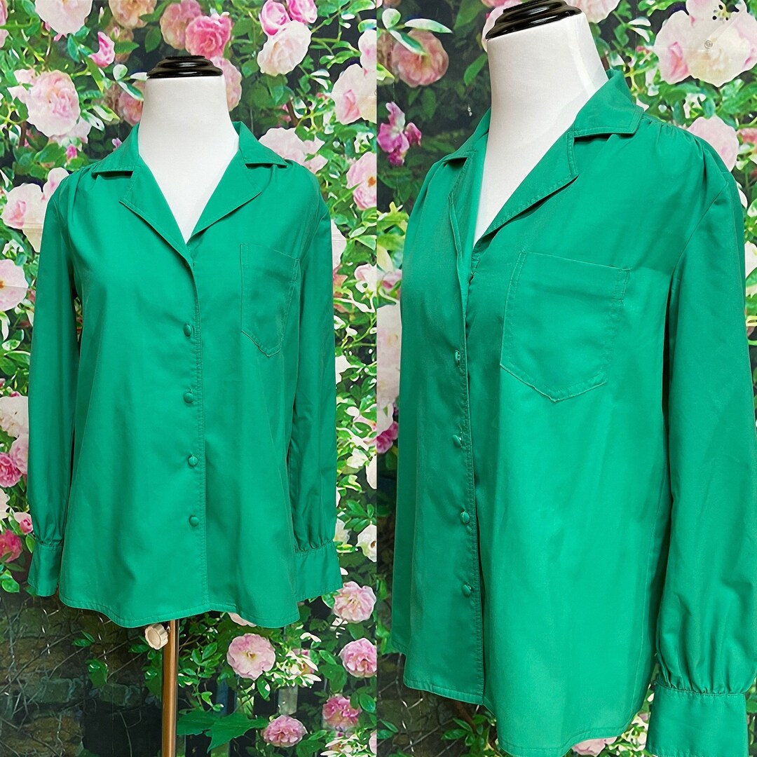 80s Emerald Green Polyester Blouse Long Sleeve Jacques Richards Etsy