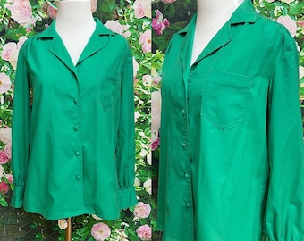 80s Emerald Green Polyester Blouse Long Sleeve Jacques Richards