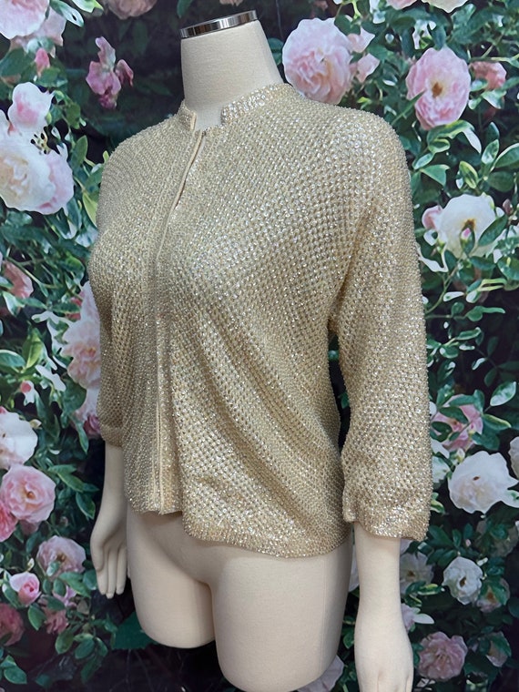 60s Cream Iridescent Sequin Beaded Cardigan - image 3