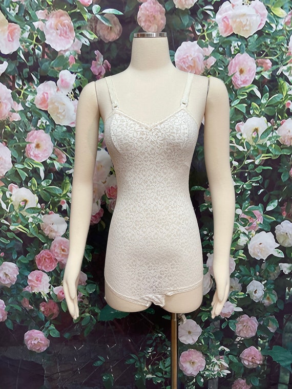 50s Beige Floral Lace Bodysuit Shapewear Empire M… - image 2