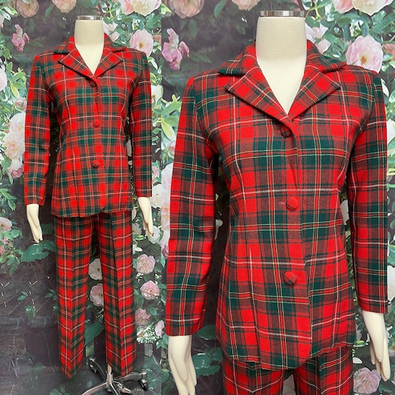 70s Pendleton Red Wool Plaid Pants Suit