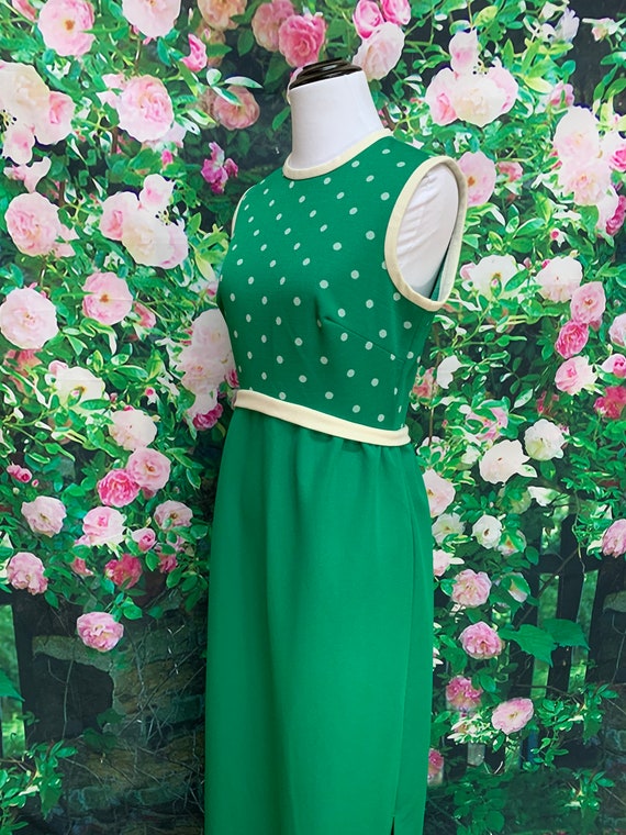 60s Kelly Green Polka Dot Maxi Dress Polyester Kn… - image 6