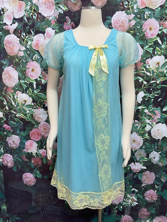 60s Turquoise Blue Chiffon Babydoll Nightgown Gol… - image 2