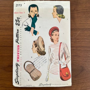 40s Simplicity 2173 Accessory Sewing Pattern Hat Bag Gloves