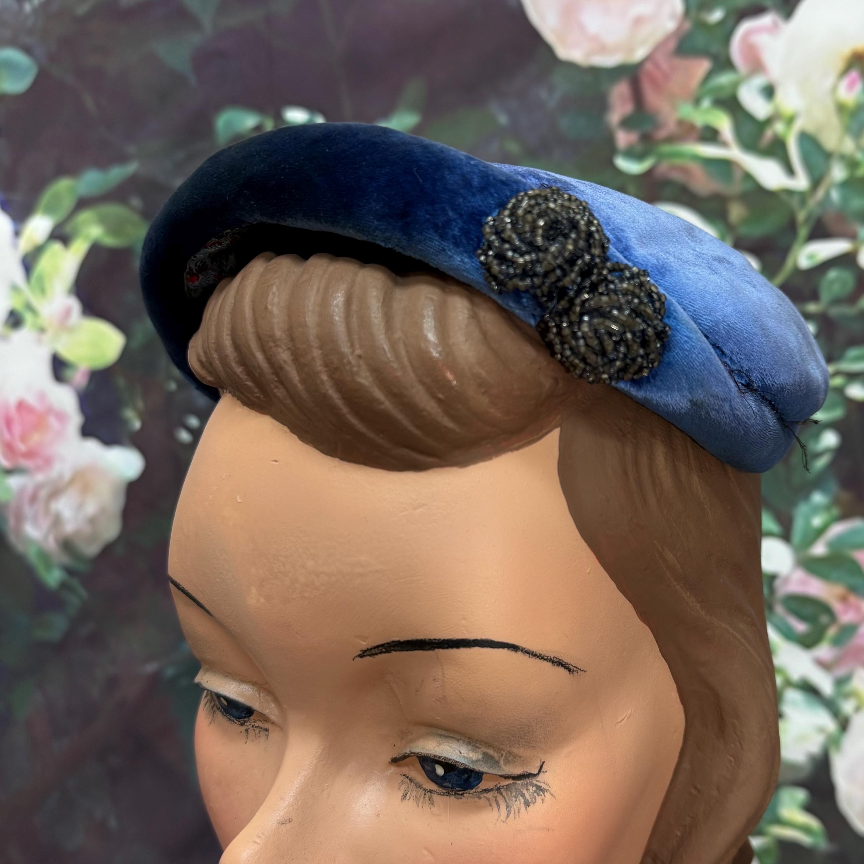 50s Coralie Blue Velvet Shell Hat Beaded Decoration - Etsy display picture 2