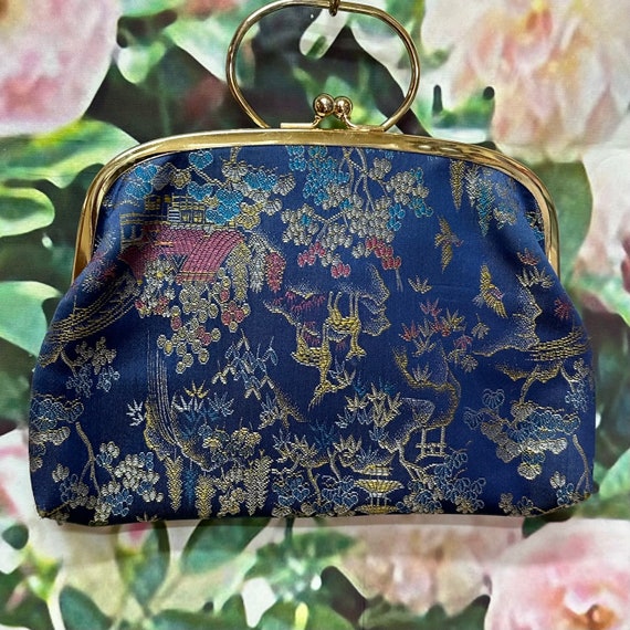 80s Blue Chinese Brocade Purse Landscape Clutch - image 5