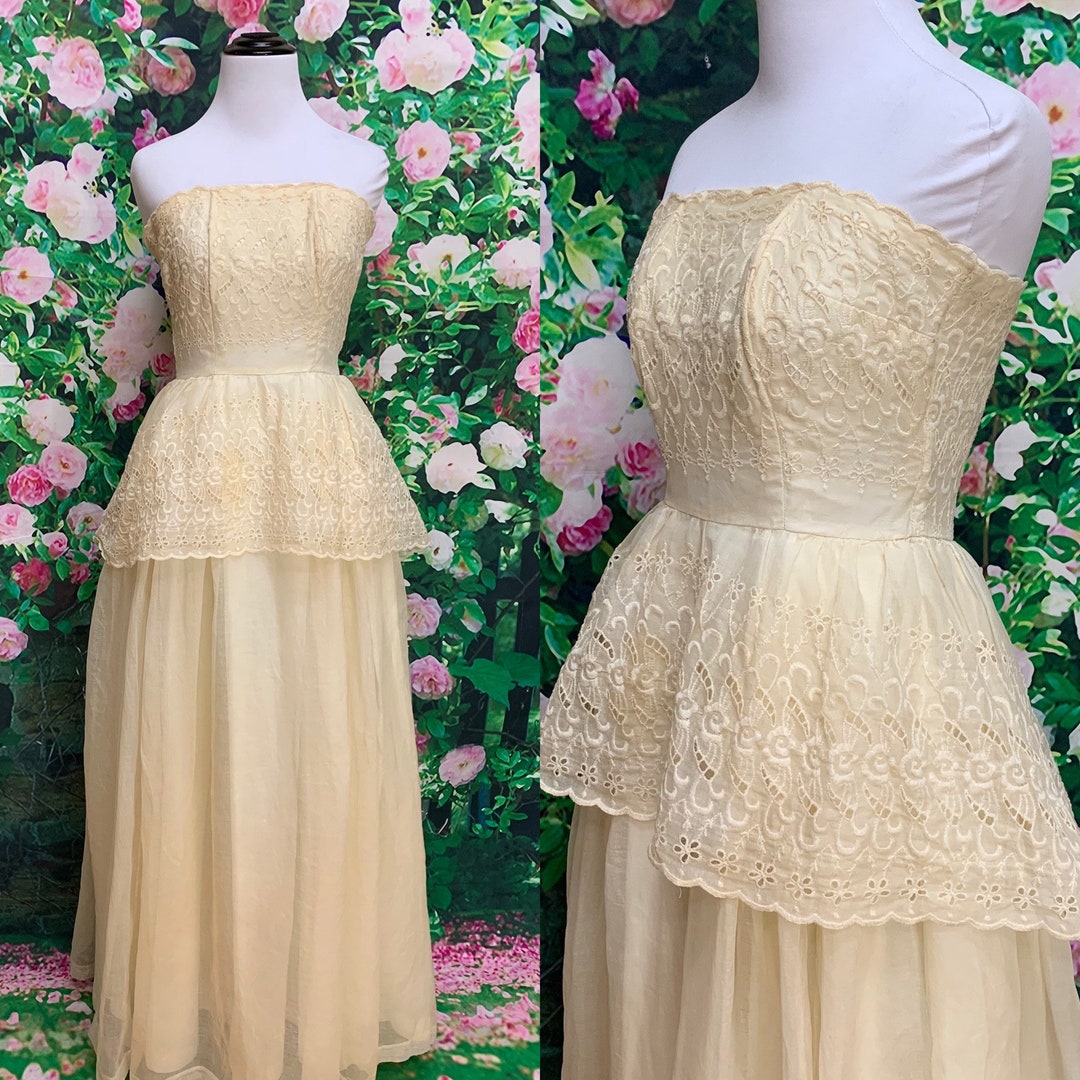 50s Cream Eyelet Lace Strapless Gown Chiffon Dress XS Etsy